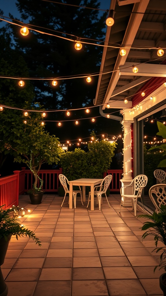 A cozy patio with warm string lights illuminating the area, creating a relaxed atmosphere.