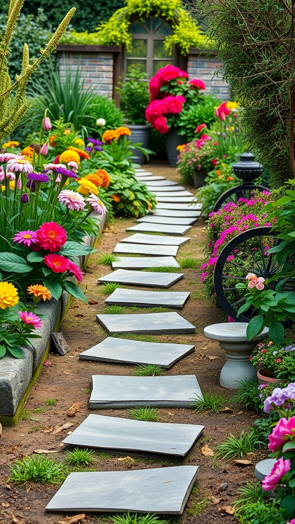 A beautiful garden pathway made of stone slabs, surrounded by colorful flowers and greenery.