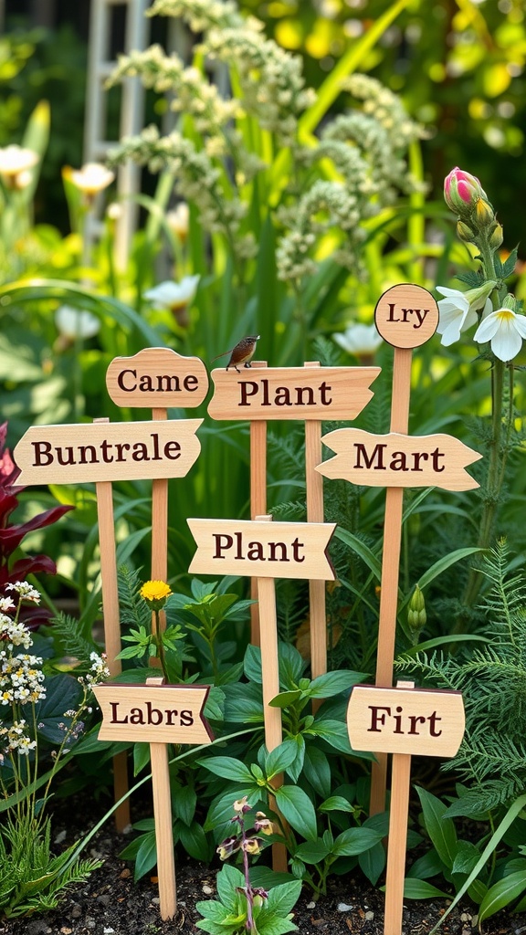 Wooden plant labels in a garden, showcasing names of plants.