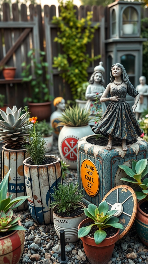 A colorful and eclectic garden featuring various recycled planters and a decorative statue.