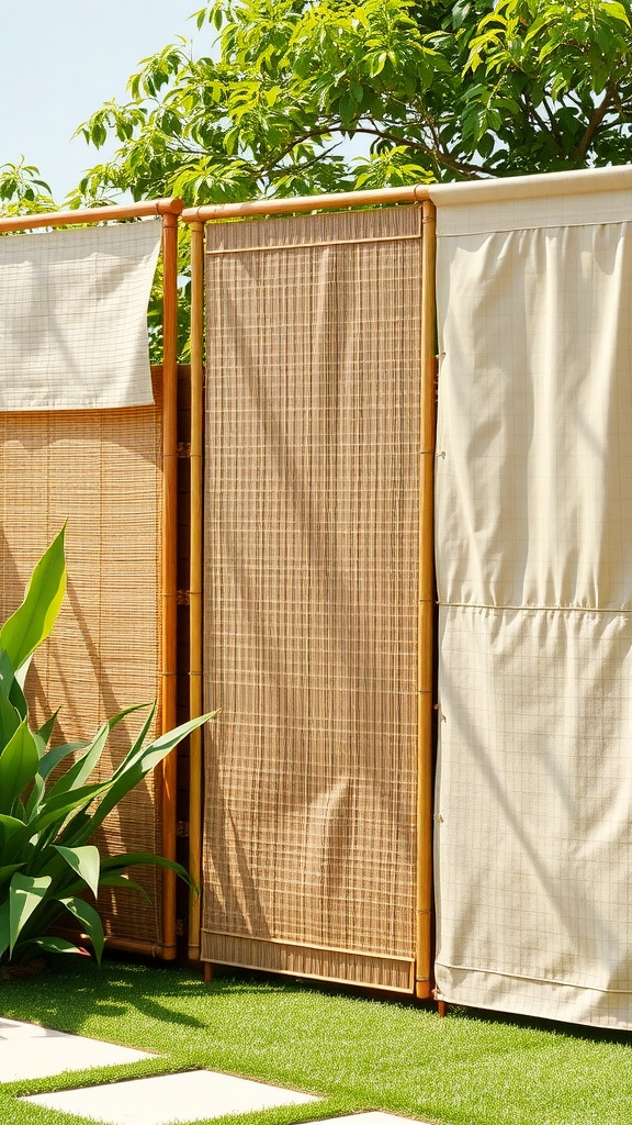 A set of bamboo and fabric privacy screens in a patio setting surrounded by greenery.