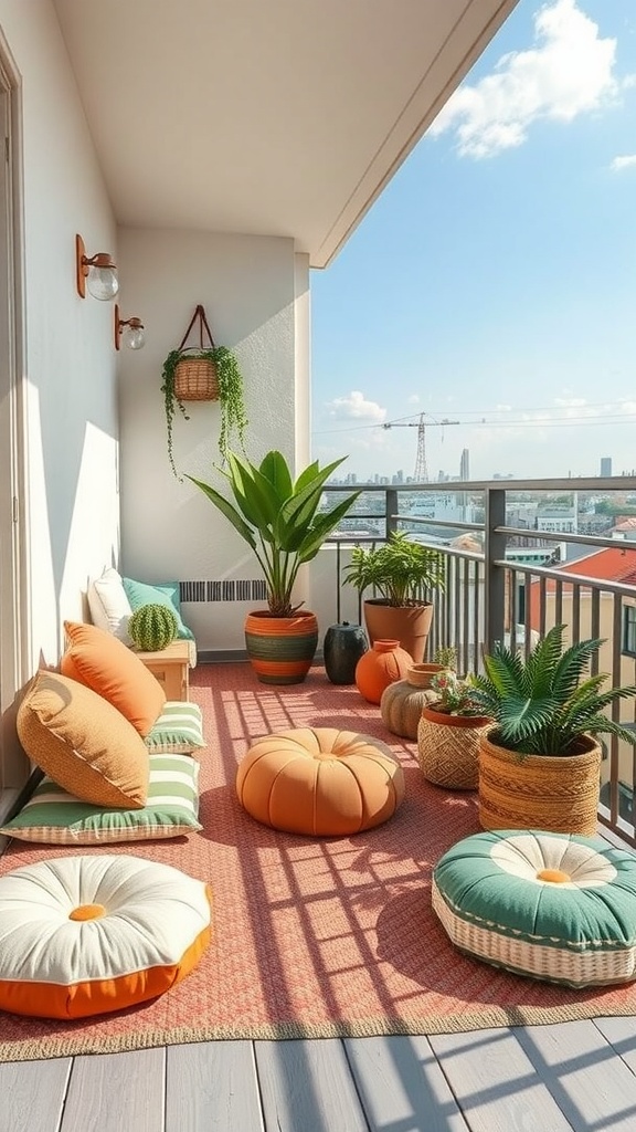A cozy balcony decorated with colorful cushions, poufs, and plants, set against a sunny sky.