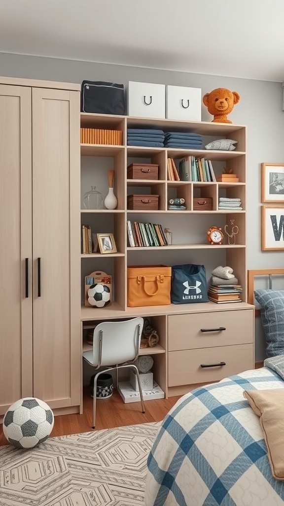 A well-organized boy's bedroom with creative storage solutions, including shelves, boxes, and a small desk.