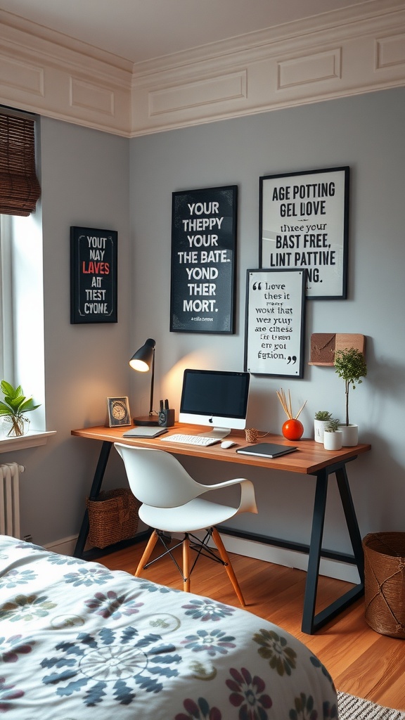 Cozy study space with motivational quotes on the walls and a stylish desk