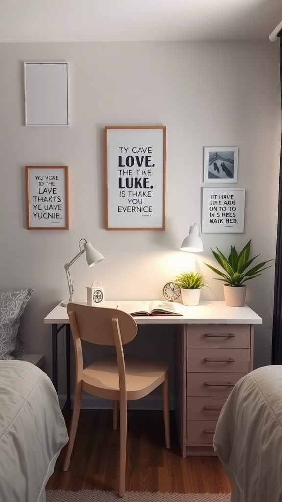 A stylish study space featuring a desk, chair, plants, and inspiring quotes on the wall.