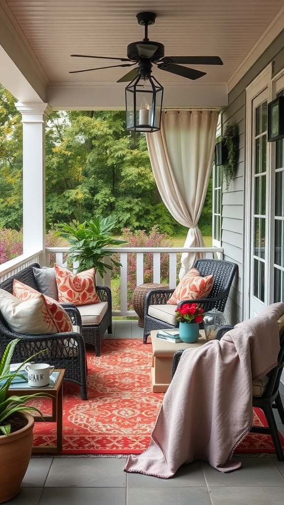 Cozy farmhouse back porch with comfortable seating, vibrant cushions, a soft throw blanket, and decorative plants.