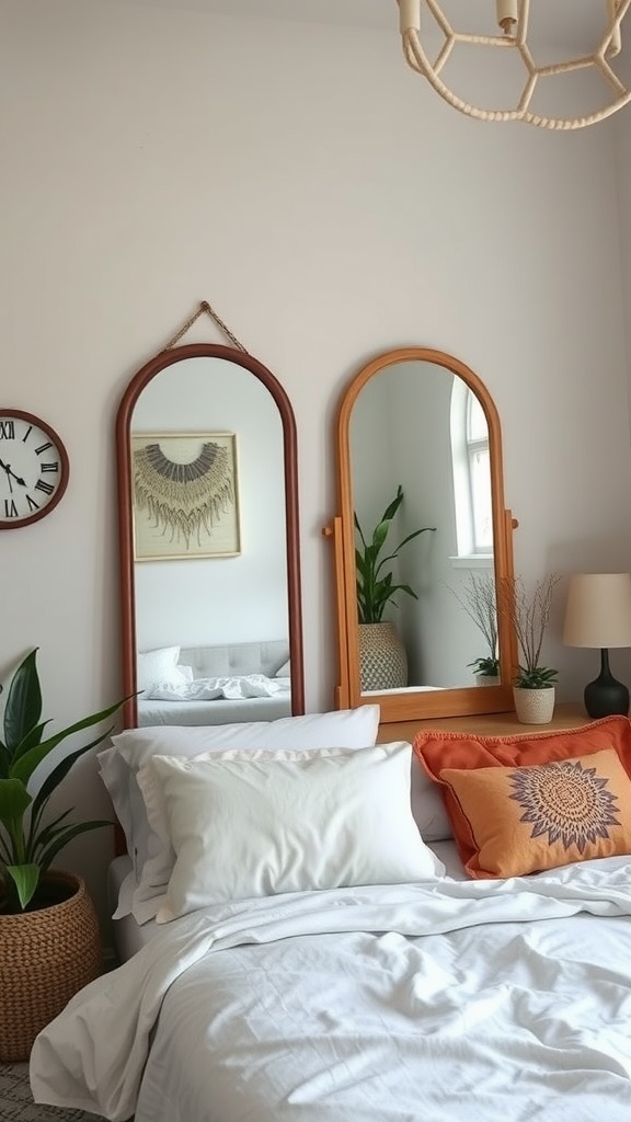 A cozy boho eclectic bedroom featuring two decorative mirrors, plants, and warm tones