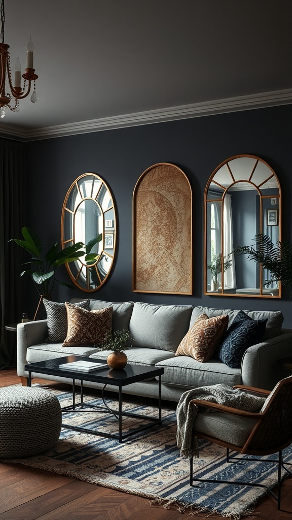 A dark boho living room featuring a gray sofa, decorative pillows, and multiple mirrors on the wall.