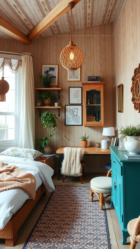 A cozy boho style bedroom featuring a bed, desk, plants, and warm lighting.