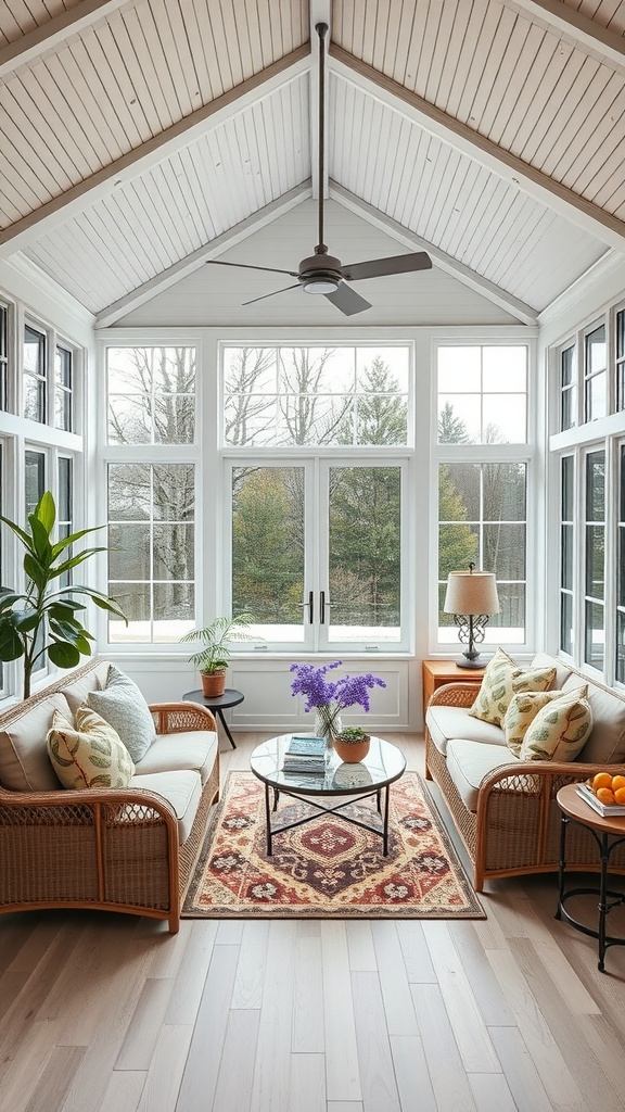 A bright sunroom with large windows, rattan furniture, and plants, showcasing a cozy and inviting atmosphere.
