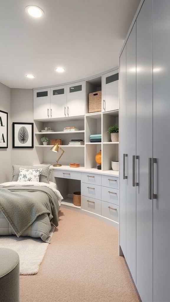 A stylish farmhouse basement bedroom featuring a bed, curved cabinetry, and a cozy workspace.