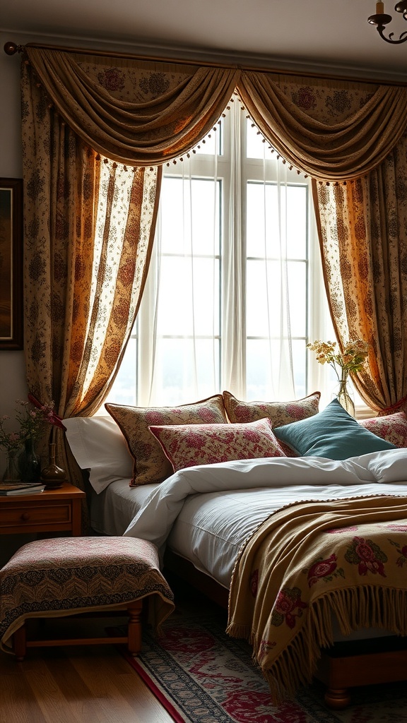 A cozy farmhouse chic bedroom featuring patterned curtains, layered pillows, and a decorative ottoman.