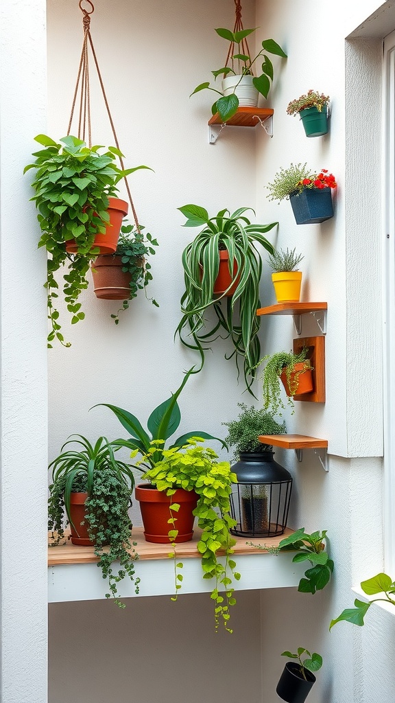 A cozy balcony with vertical plant arrangements, showcasing various pots and hanging greenery.