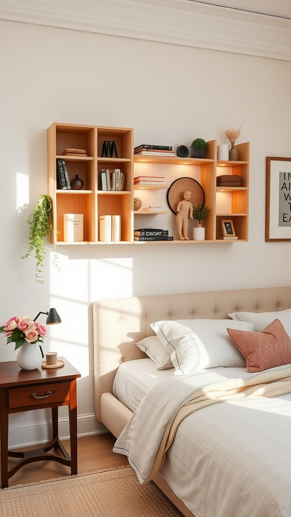 A bright and cozy feminine bedroom with a wall-mounted wooden shelf displaying books and decorative items, complemented by a neatly made bed.