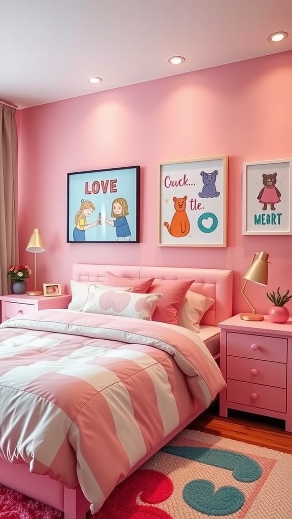 A pink bedroom featuring vibrant wall art and cozy bedding