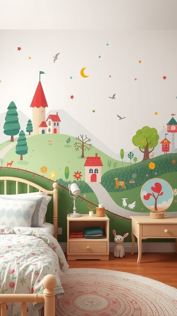 A colorful wall mural depicting a whimsical landscape with a castle, trees, and animals in a girl's bedroom