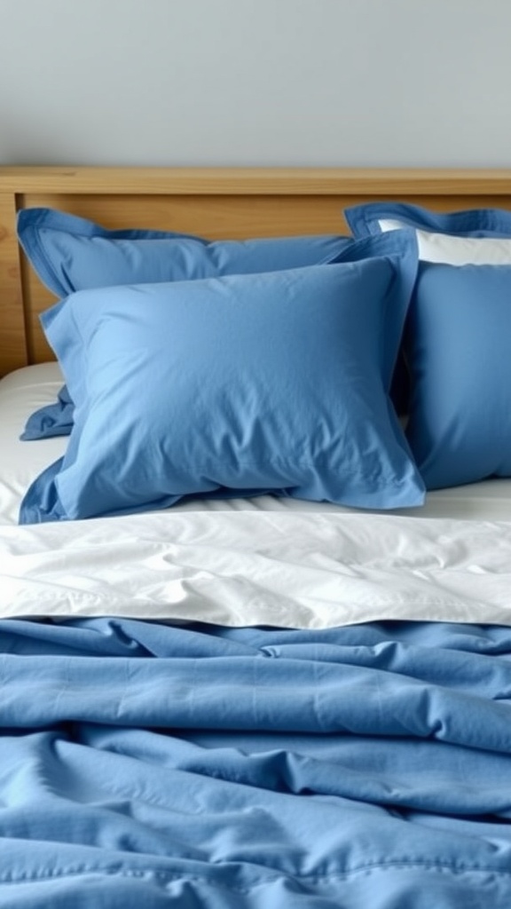 A neatly made bed with blue and white linens, featuring a light wooden headboard.