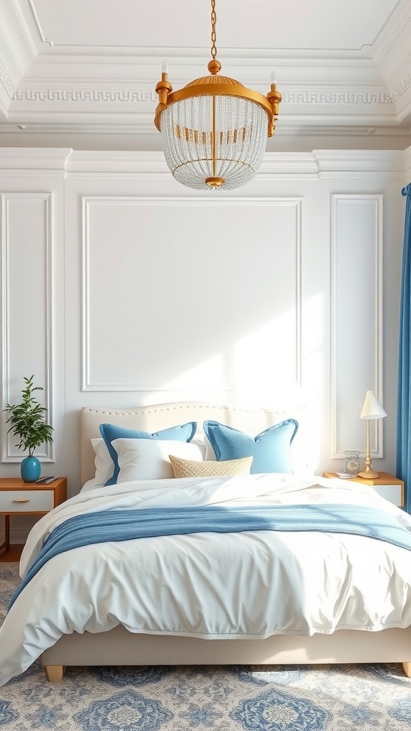 A beautifully designed bedroom featuring white paneling, a gold light fixture, and blue decorative elements.