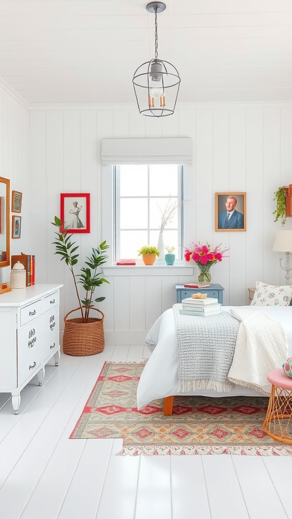 A bright farmhouse bedroom featuring white walls, colorful accent decor, and cozy furnishings.