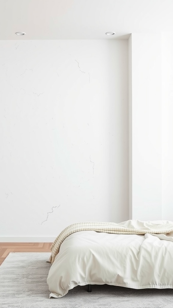 A minimalist bedroom with a crisp white wall and subtle texture, featuring a soft bedspread and wooden flooring.