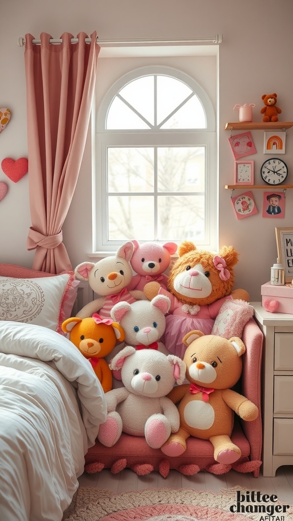 A cozy corner in a girl's bedroom filled with colorful plush toys on a soft pink bench.