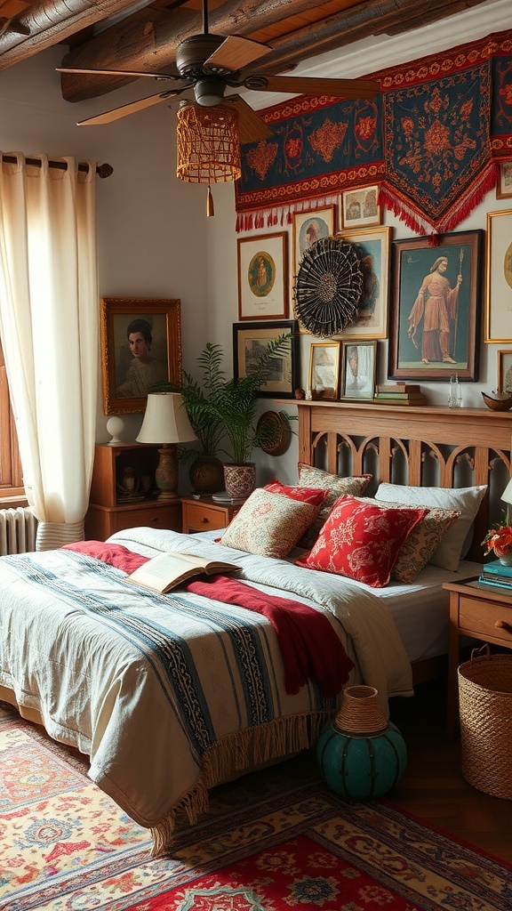 A cozy Boho style bedroom featuring cultural artifacts, traditional textiles, and warm wood furniture.