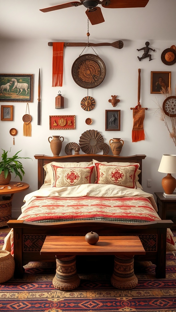 A cozy bedroom featuring traditional artifacts, a patterned bedspread, and cultural wall decorations.
