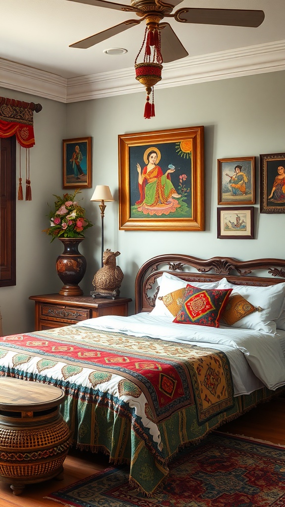 A cozy bedroom featuring traditional art and vibrant textiles