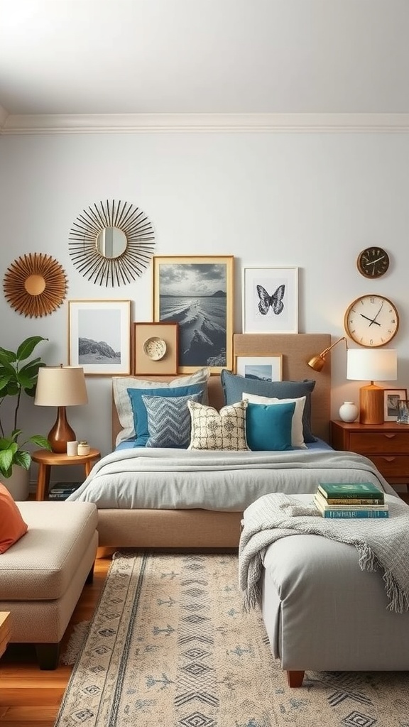 A stylish boho mid-century modern bedroom featuring a cozy bed with blue and gray pillows, a gallery wall with framed art, and warm wooden furniture.