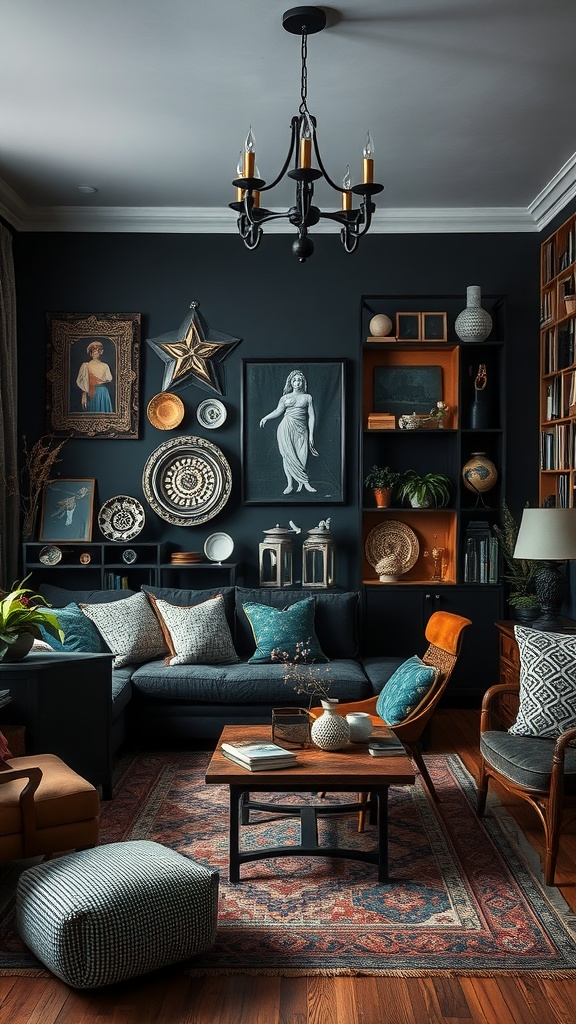 A cozy dark boho living room showcasing curated textural displays with vintage art, decorative plates, and inviting furniture.