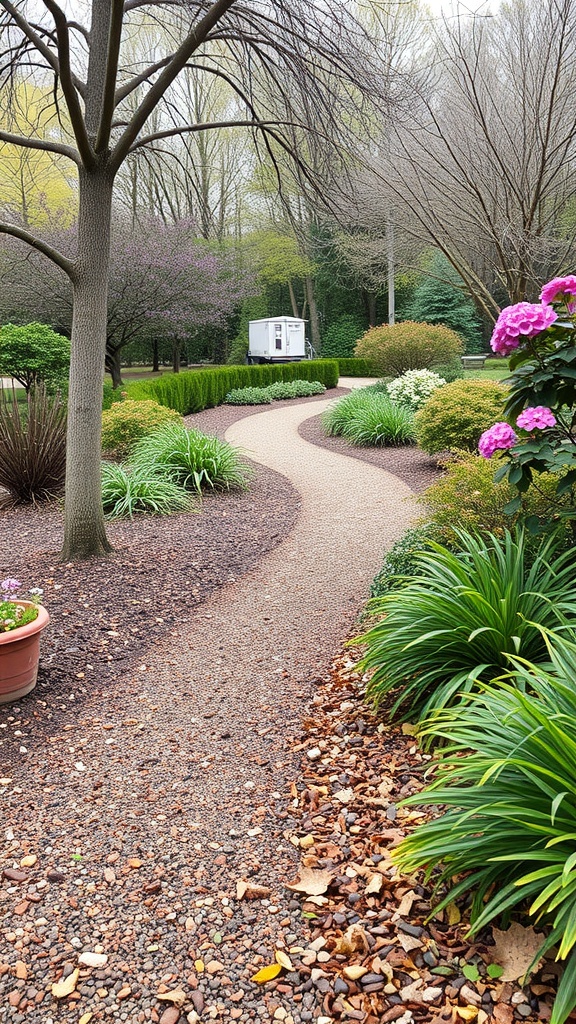 Curved garden pathway lined with colorful mulch surrounded by greenery and flowers