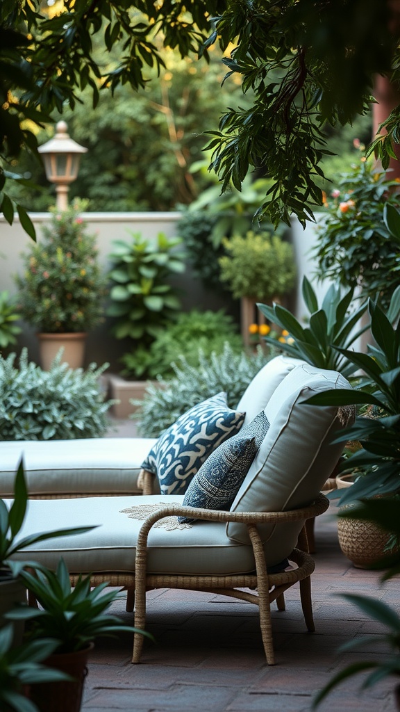 A cozy outdoor lounge area featuring cushioned chairs, surrounded by lush greenery and decorative plants.
