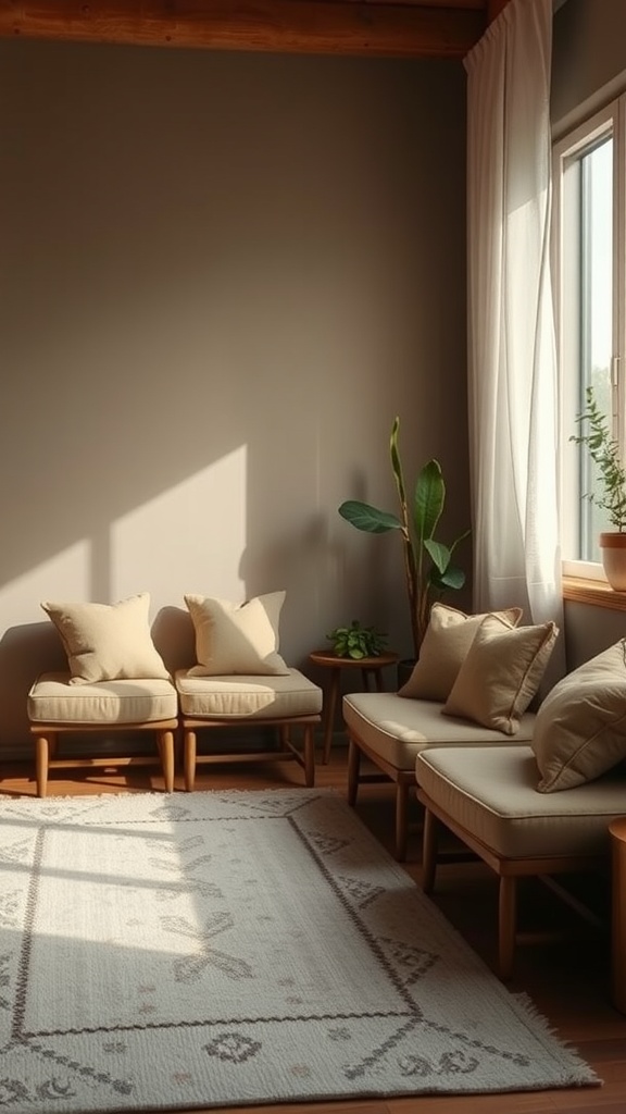 Cozy cushioned seating area in a Boho Mid-Century Modern bedroom with wooden floors and plants