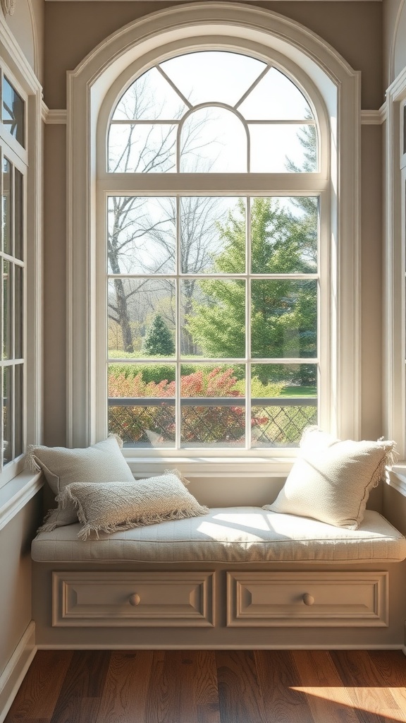 Cozy cushioned window seat with large arched window and view of greenery