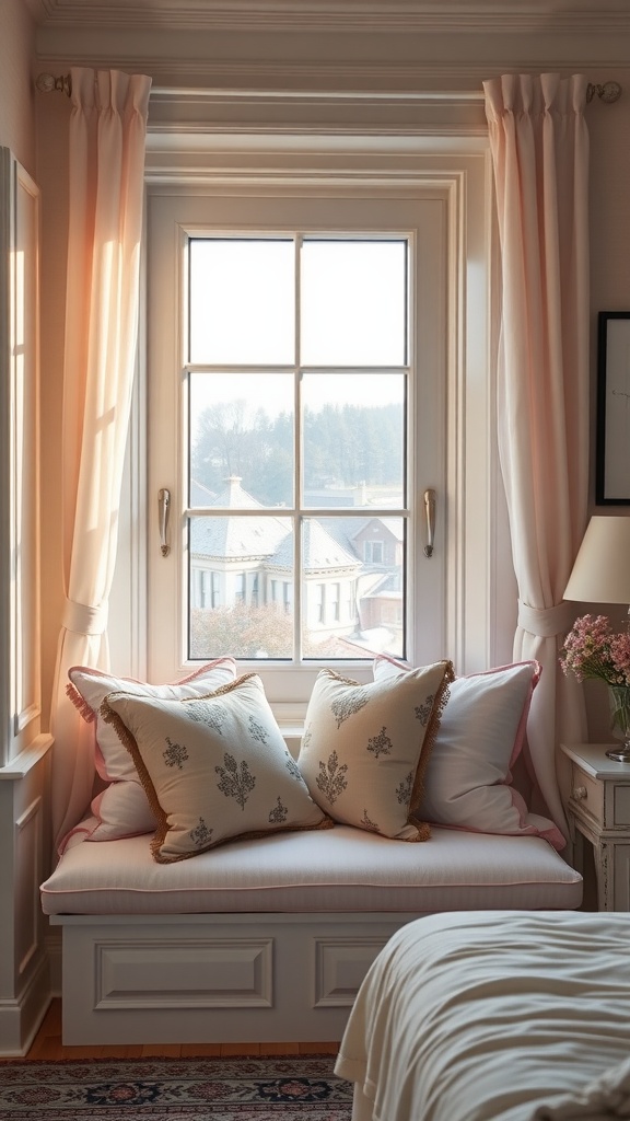 A cozy cushioned window seat adorned with plush pillows, framed by soft curtains and a view of the outdoors.
