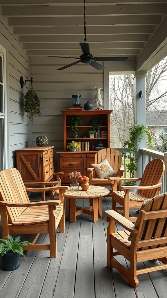 Cozy farmhouse back porch with custom-made wooden furniture