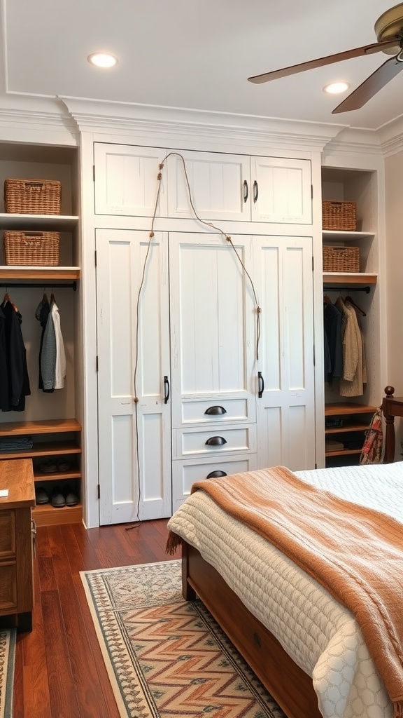 Custom built-in closet in a farmhouse chic bedroom featuring white cabinetry and wooden accents.