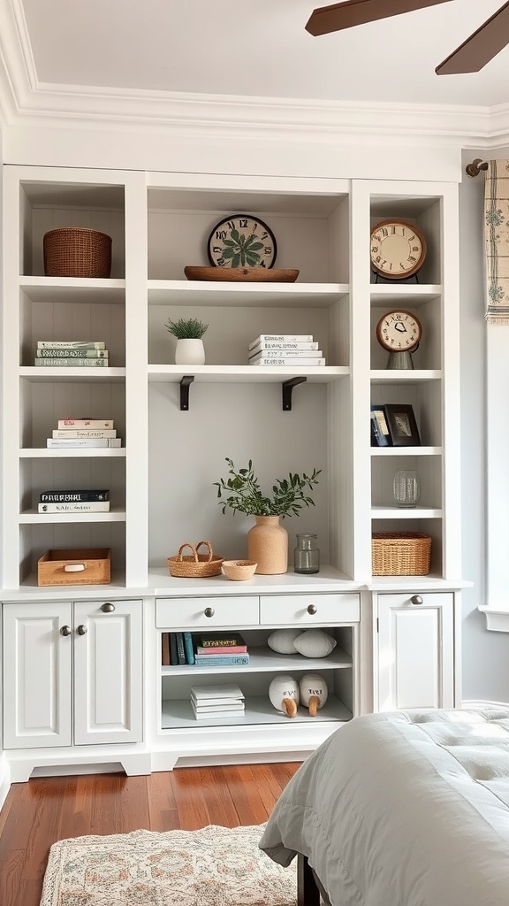 A modern farmhouse bedroom featuring custom built-in shelving and cabinetry.