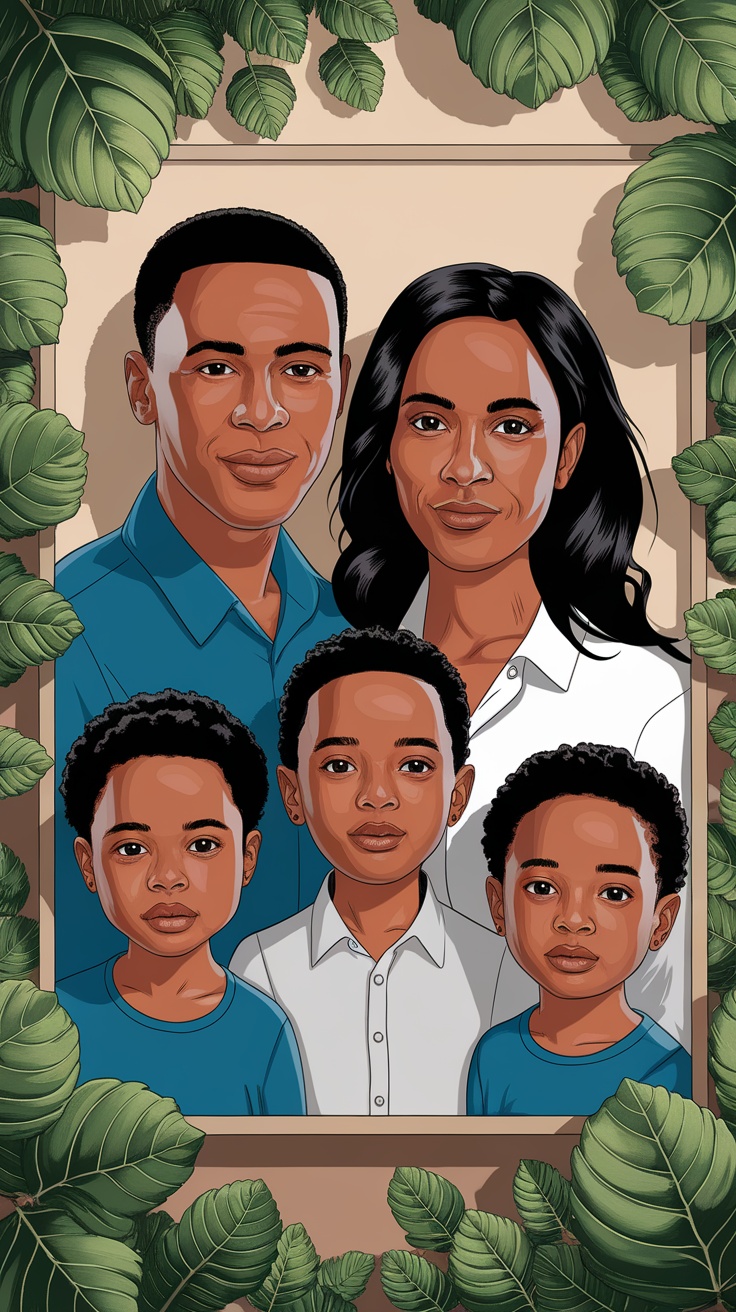 Custom illustration of a family portrait featuring a father, mother, and three sons