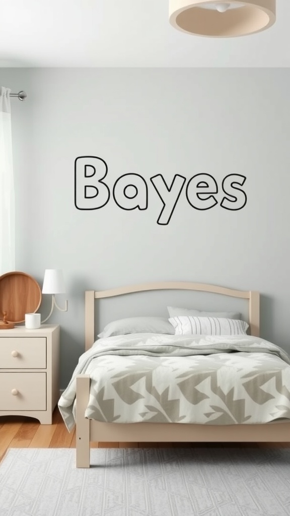 A bedroom featuring a custom name wall decal with the name 'Bayes' on a light gray wall.