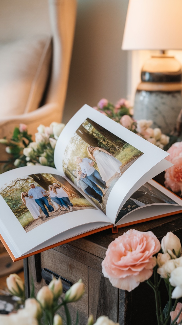 A custom photo book opened on a table, displaying family photos surrounded by flowers.
