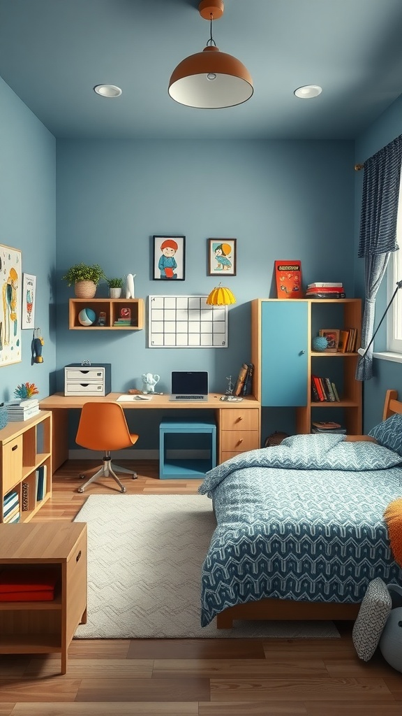 A boy's bedroom featuring customizable modular furniture with a blue color scheme, a cozy bed, a desk, and playful wall art.