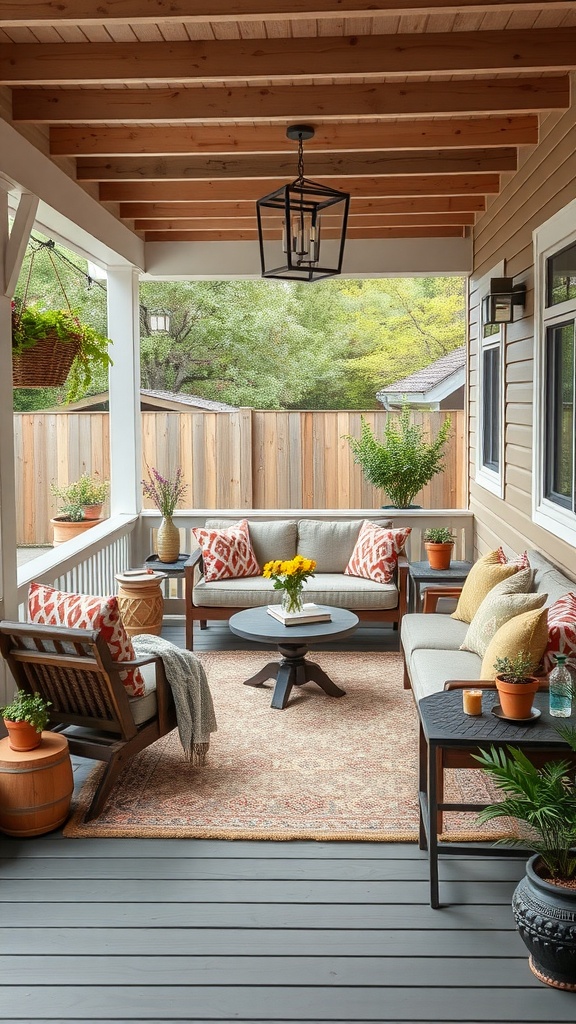Stylish and cozy boho back porch with modular furniture and plants.