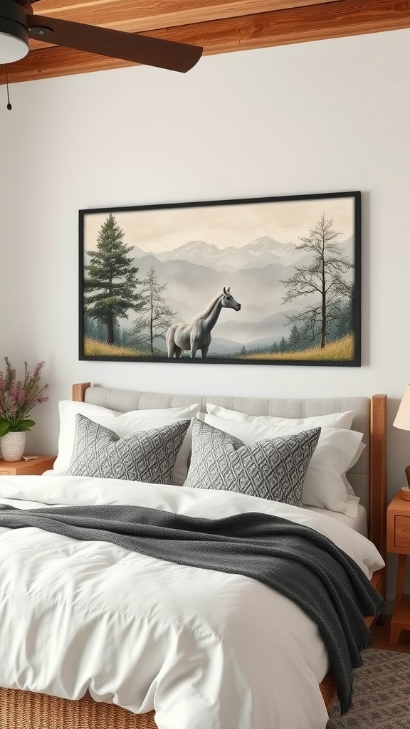 Framed artwork featuring a white horse in a natural landscape with mountains and trees