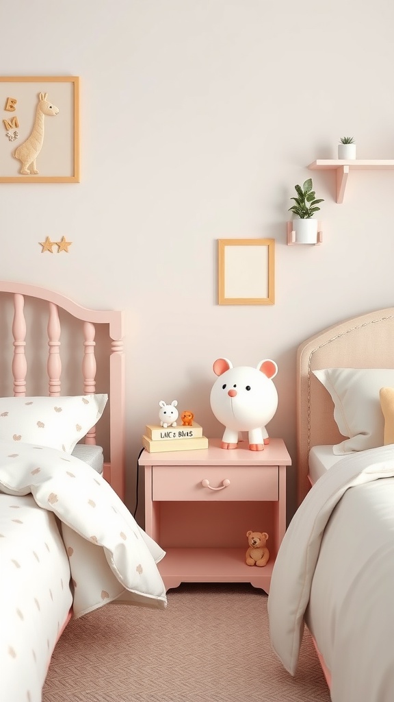 A cute animal-themed bedside table with a pink hue, featuring a bear lamp, playful books, and tiny animal figurines.