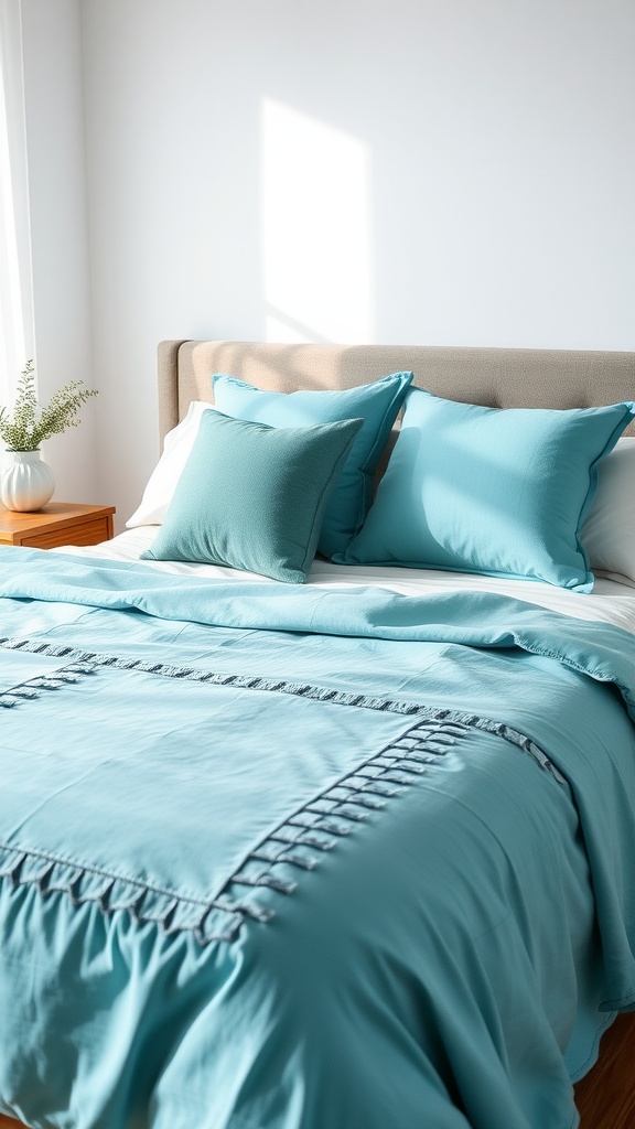 A cyan toned bedspread with matching pillows on a modern bed in a bright room.