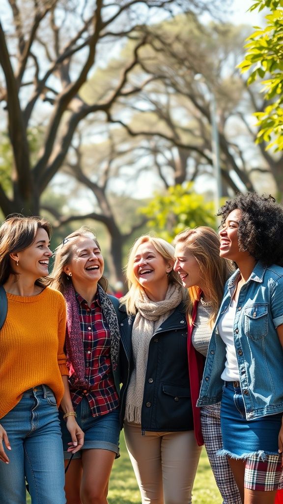A group of five women laughing and enjoying time together in a park