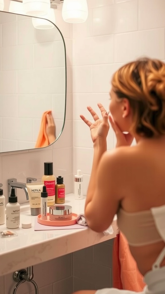 A woman applying skin care products in front of a bathroom mirror, surrounded by various skincare products.