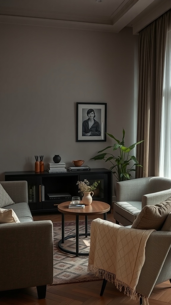 A cozy dark farmhouse living room with two armchairs and a coffee table