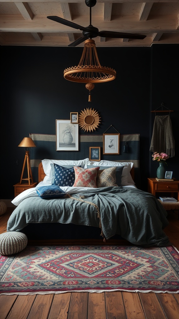 A cozy dark bohemian bedroom with rich walls, textured pillows, and a patterned rug.